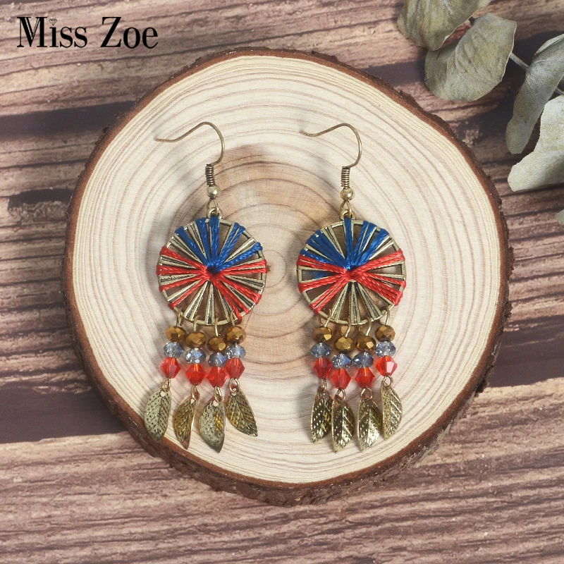 Женские винтажные серьги Ловец снов красные и синие подвески в богемном стиле