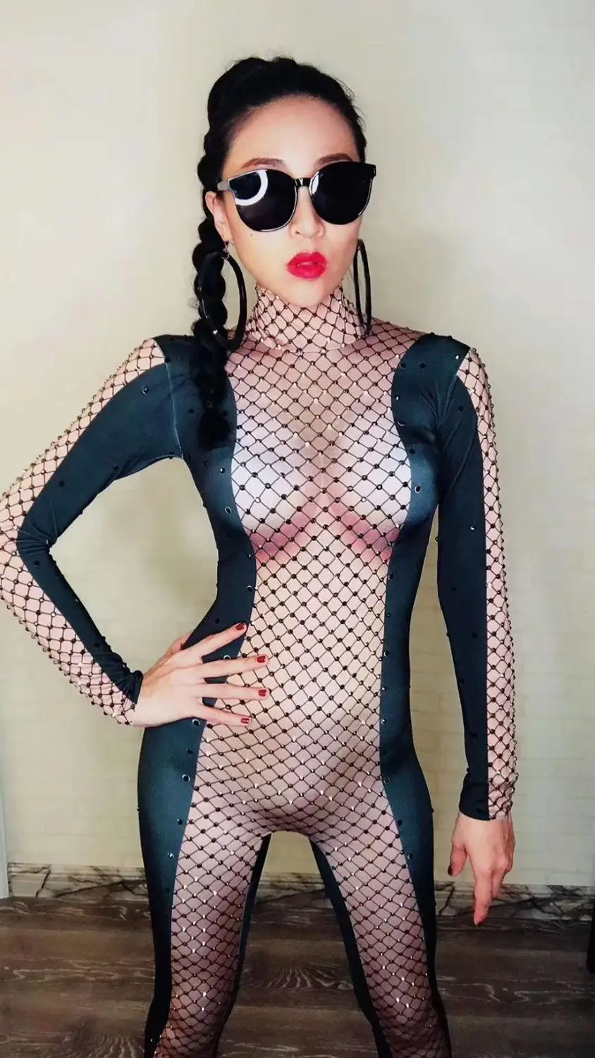 

Sexy Stretch Skinny Lattice Pattern Nightclub Jumpsuits Fashion Jazz Singer Costumes Dj Slim Rompers Pole Dancing Bodycon Wear