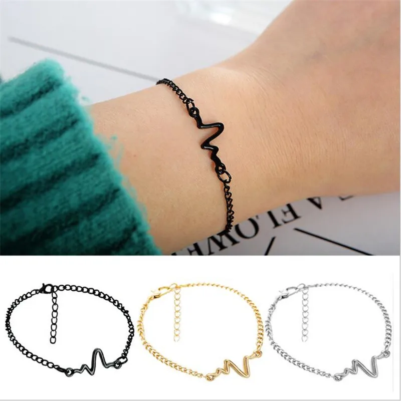 

2021 Foreign explosions jewelry Simple personality design ECG lightning black color bracelet Lovers heartbeat frequency bracelet