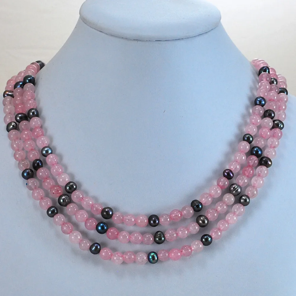

3-Strands Pink crystal & Freshwater Pearl Necklace Toggle Clasp