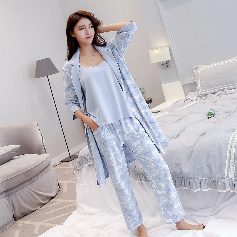 Autumn Cotton Pajamas Women 3pc Robe&Top&Pants Bathrobe Women Bedroom Print Homeclothes Pink Nightwear Sleepwear Robe Women