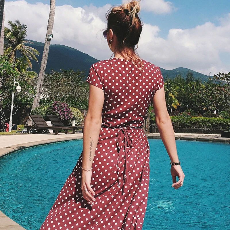Vintage Style Polka Dots Dress Summer Women Beach Dresses Boho V Neck Asymmetric Split Long Elegant Party Wrap Vestidos Burgundy | Женская