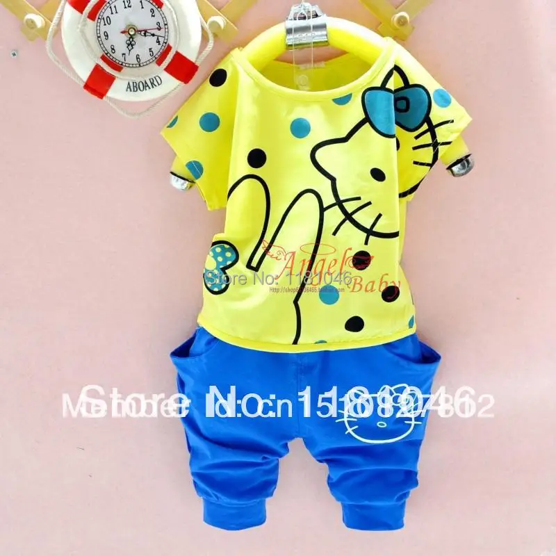 Hot selling summer baby girl clothes set cartoon batwing tees+shorts 2 pcs chidlren's suit Hello Kitty tracksuit L004 | Мать и
