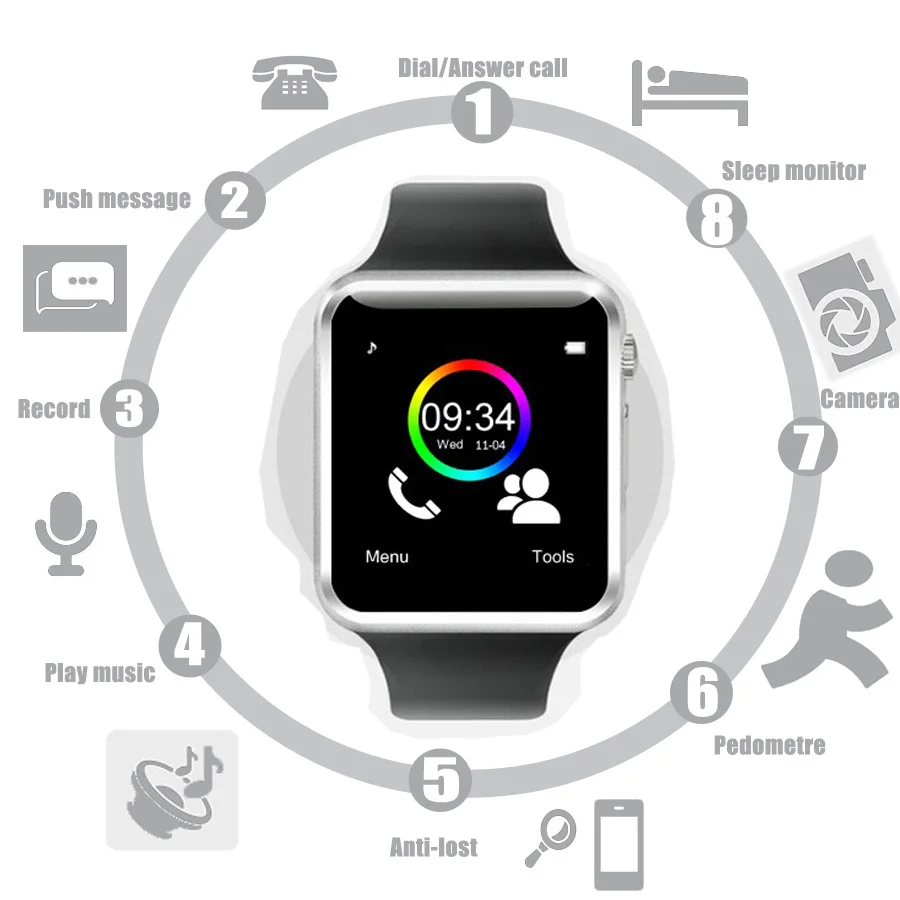 A1 наручные часы Bluetooth Смарт часы Спорт Шагомер с sim-камерой Smartwatch для Android смартфон Россия T15