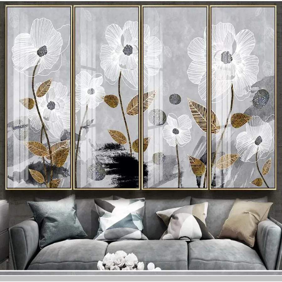 3D обои с абстрактными цветами и чернилами для рисования линий гостиной дивана