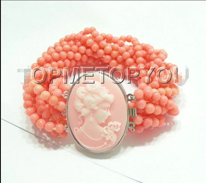 

Stunning 10strands round pink coral necklace Cameo clasp E805^^@^NEW style Fine jewe Noble Natural FREE SHIPPING