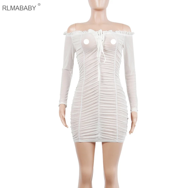 RLMABABY Ruched Бандажное платье с длинным рукавом и открытыми плечами Сетчатое на