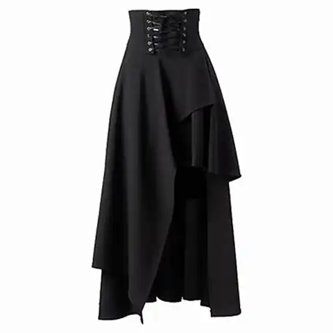 Women's Long Skirt Female Irregular Lace-Up Black Skirt New Punk Rock Retro Clothing Gypsy Solid Colors Black Skirt WOMEN