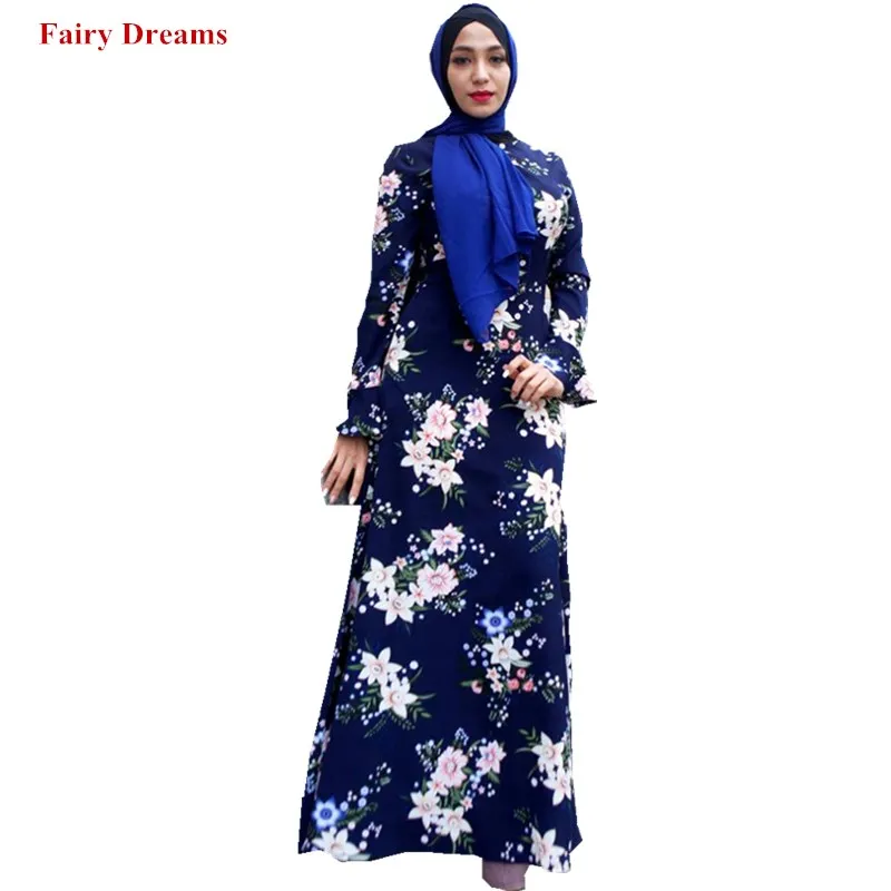 Женское мусульманское платье с цветочным принтом Abaya голубое кафтан длинными