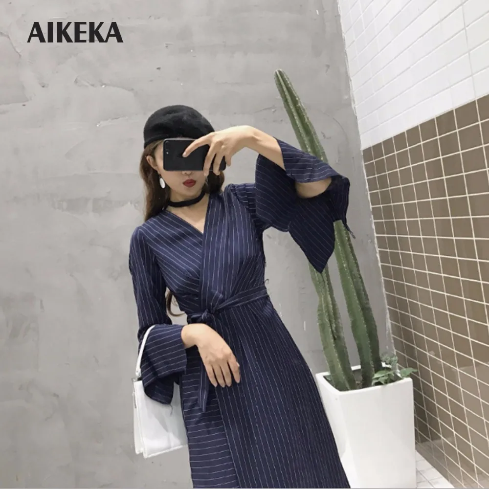 Akeka Офисные женские туфли Striped A-Line Flare рукавом Полный Пояса до колена Длина