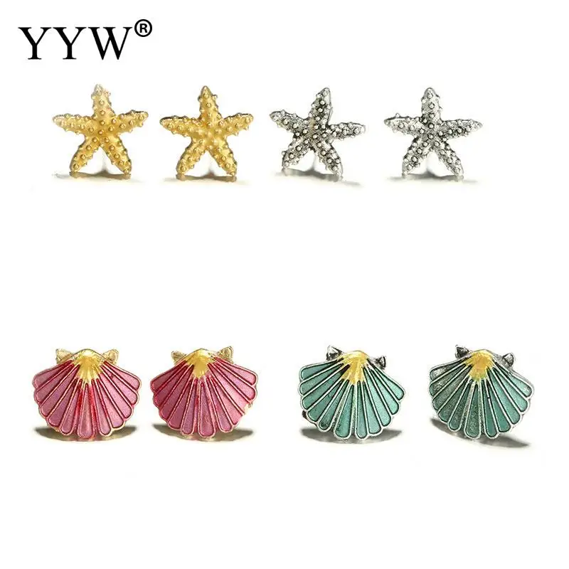 

4 Pairs/Set Starfish Shell Multicolored Stud Earrings For Women Wedding Bohemian Summer