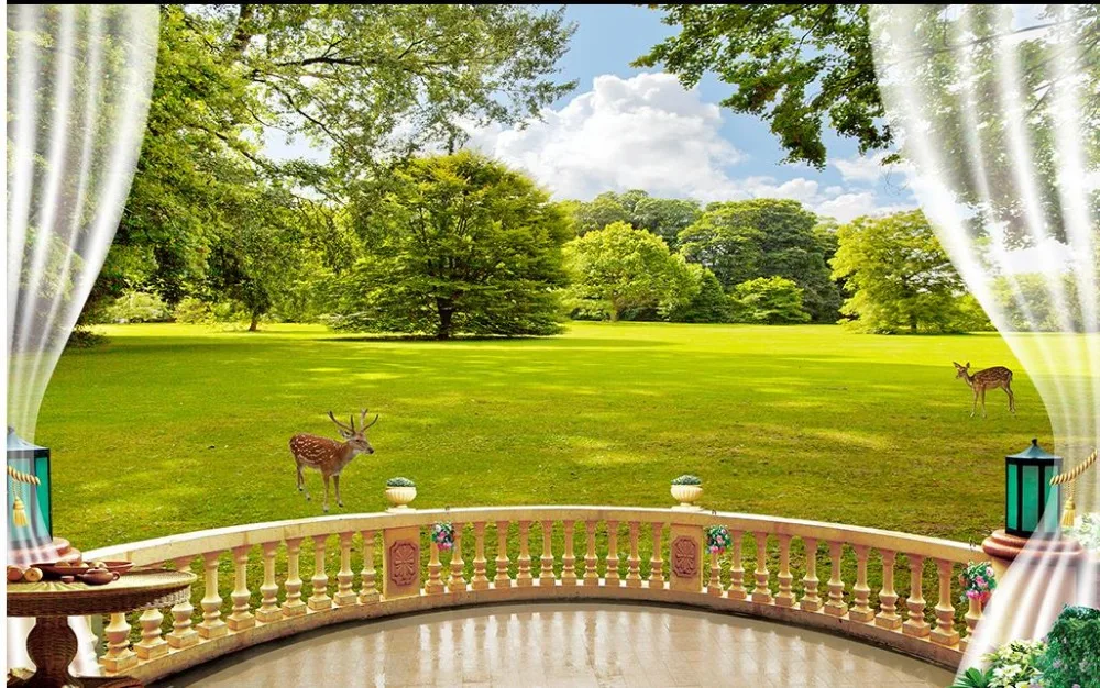 Пользовательские 3d обои Европейский стиль балкон лес пастбище пейзаж олень фон