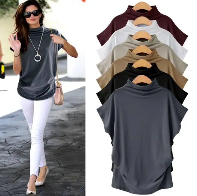 6XL Fashion New Summer Women T-Shirt Casual Loose High Neck Collar Tops Large Size Short Sleeve Female Tees