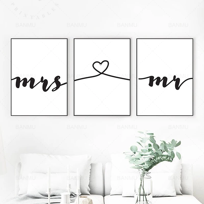 Скандинавский черный и белый Mr Mrs Love Печать на стене холст постер настенная