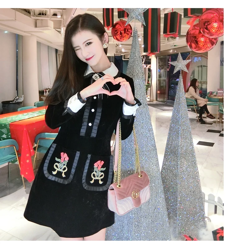New 2018 Women Dress Designer Runway Black Velvet Embroidery Floral Long Sleeve Vintage Beading Bow Peter Pan Collar Party | Женская