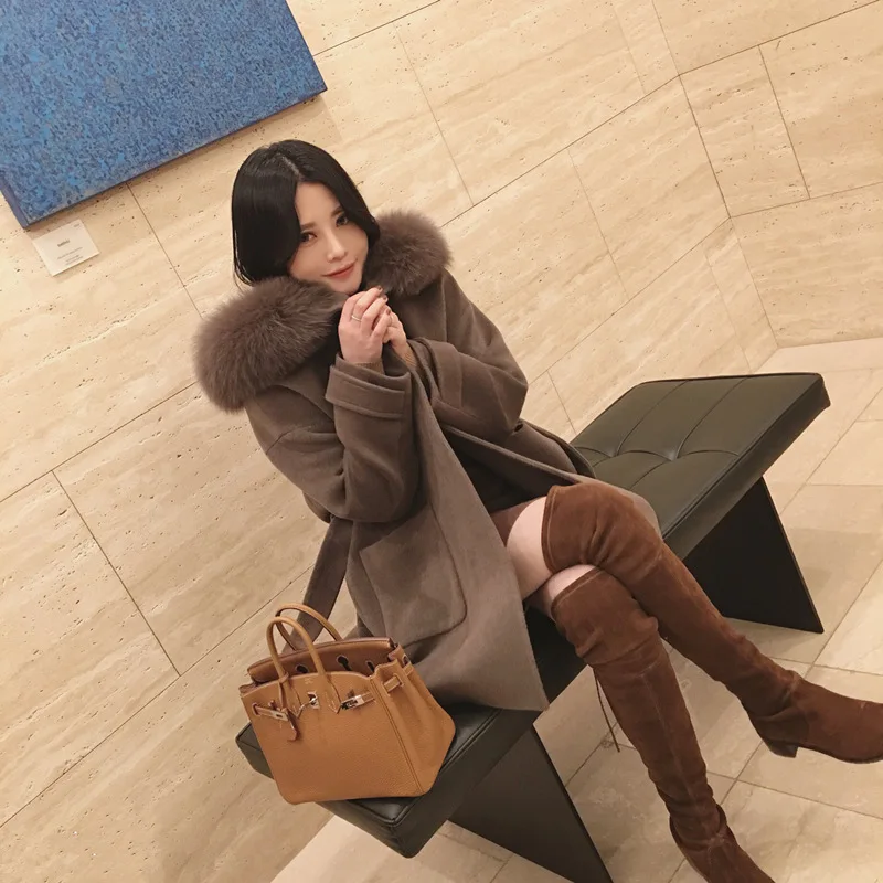 2017 женщины зима осень шерсть пальто средней длины женщин енота меховым