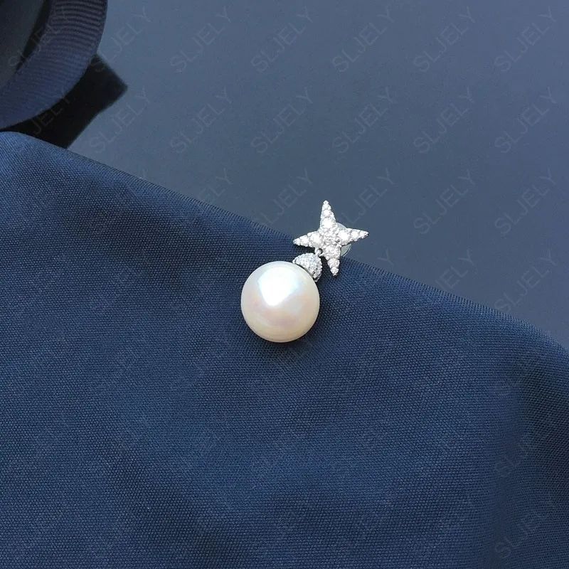 A Pearl Earring SLJELY, 925 пробы, серебряные, асимметричные серьги для женщин, циркониевые, перо, лист, Изящные Жемчужные Серьги, женские модные вечерние ювелирные изделия - Окраска металла: A Pearl Earring