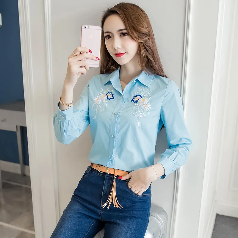 Green Field New Arrival Spring 2017 Korean Women's Cute Embroidery Long Sleeved Turn Down Collar Sky Blue Blouse Shirt 3019 |