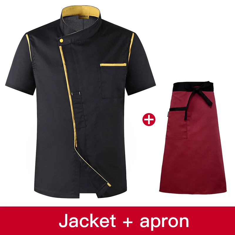 High Quality unisex Short Sleeve Chef uniform Restaurant Hotel Kitchen Workwear Breathable chef apron jacket M-4XL cooking shirt - Цвет: jacket apron
