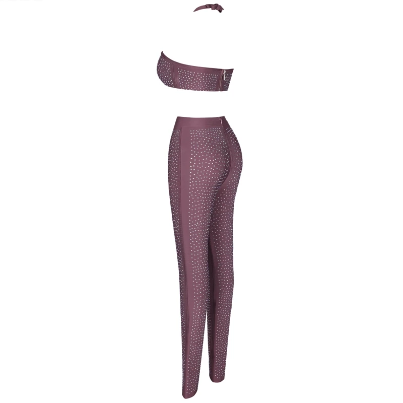 Ocstrade 2 Piece Bandage Set Clothing New Arrival 2019 Womens Brown Luxury Beaded Sexy Top and Pants Two | Женская одежда