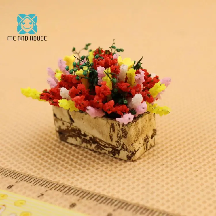 Miniatura 1:12 Scale Dollhouse Miniature Multicolor Clay Flower Bush With Mini Wood Pot | Игрушки и хобби