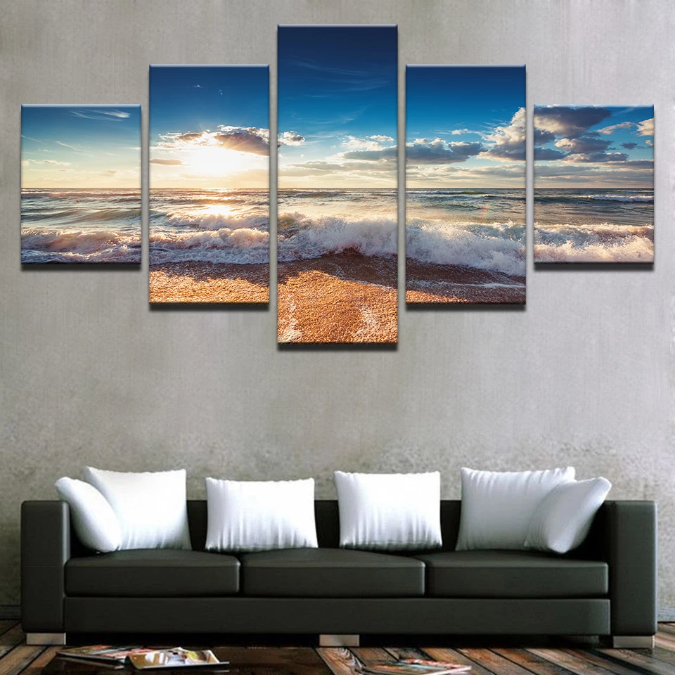 

Wall Art Canvas Paintings Living Room Home Decor Framework 5 Pieces Sunshine Beach Sea Waves Seascape Pictures Blue Sky Posters