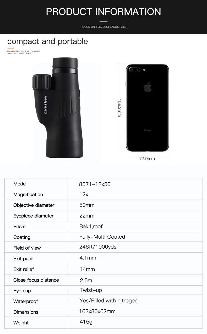 Eyeskey HD 12x50 Монокуляр водонепроницаемый Мощный однофокусный телескоп ручной профессиональный охотничий телескоп со штативом