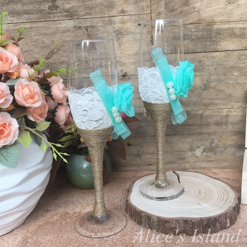 2pcs/set Wedding Glasses Champagne Toasting Flutes Customized Burlap Lace Rustic Favor Gift | Дом и сад