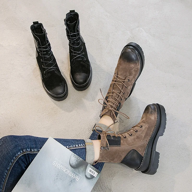 SWYIVY Women Ankle Boot Hot Autumn Shoes Genuine Leather Woman Shoes Martin Boots Platform Cowboy Boots For Women Zipper