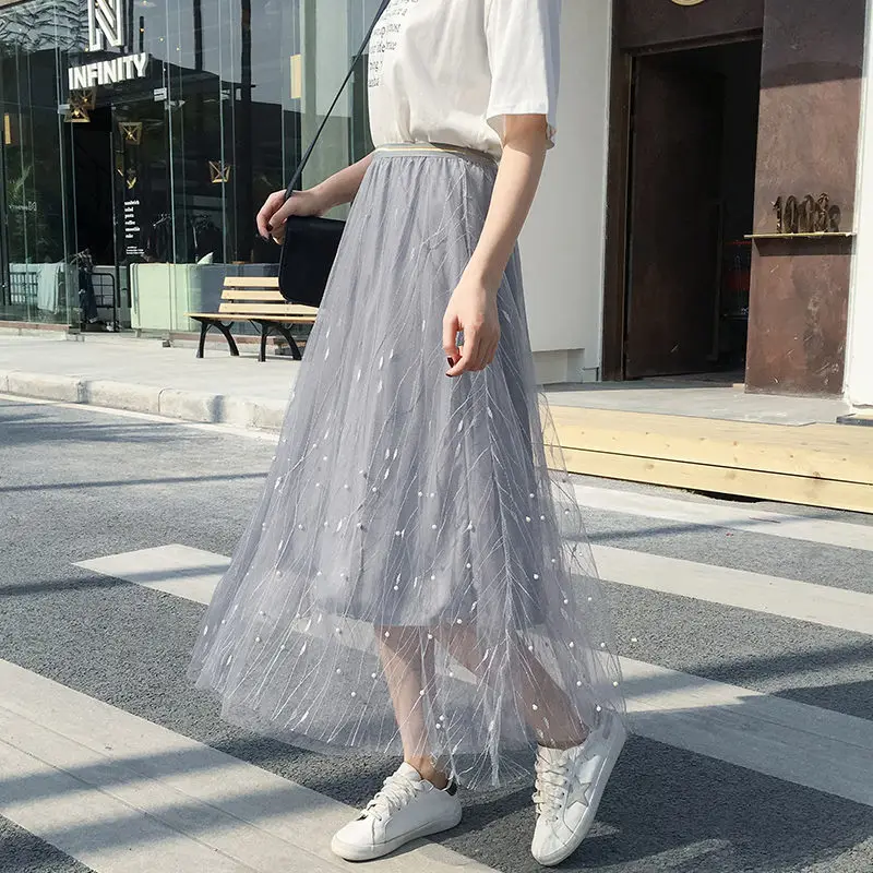 Fashion New Women Summer Tulle Long Skirt High Waist Apricot Chiffon Loose Casual Beading Lace Mesh Pleated Skirts Womens | Женская