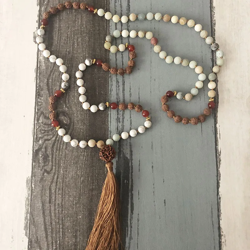 Уникальное ожерелье с камнями цепочка из бисера Howlite Amazonite Carnelian 108 Mala Молитвенное