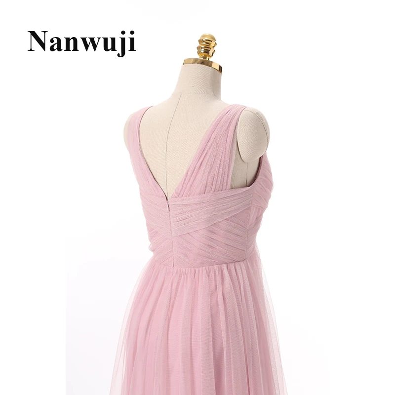 

2016 Rose Pink Bridesmaid Dress In tull V-neck A-line Floor Length Wedding Party Dress