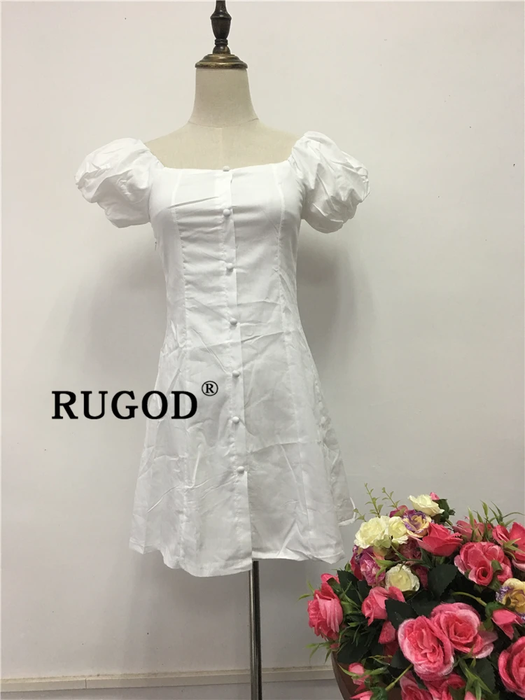 RUGOD корейское шикарное Белое Мини женское платье элегантный тонкий с открытыми плечами однобортные женские платья vestidos летние платья