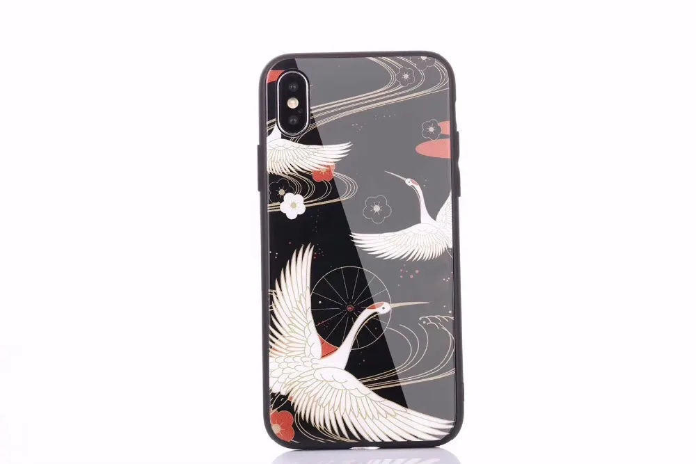 DuaGaiRen Japanese Style Crane Tempered Glass Back Case for iPhone 7 7plus 8 8plus 6s 6Plus X Phone |