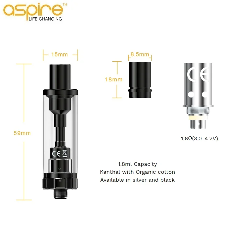 Aspire K2 BVC испаритель танк электронная сигарета 1 8 мл 1.6ohm e-распылителя Kanthal с