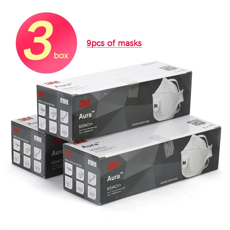 3boxes9334 3M маска Aura 9334 KN95 Пыленепроницаемая противотуманная и Anti-PM2.5 для езды на велосипеде и путешествий Пылезащитная Маска 3 шт масок в коробке - Цвет: 3boxes9334
