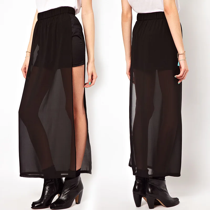 New Fashion Skirt Women 2018 Summer Style Solid Color Black Chiffon Long Side Split Casual Vintage Maxi Plus Size | Женская одежда