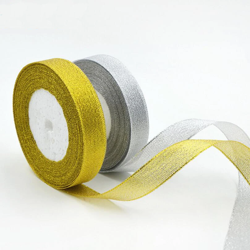 Лента золотистая/Серебристая для упаковки подарков 22 м 40 мм 1 шт.|silver ribbon|wrapping