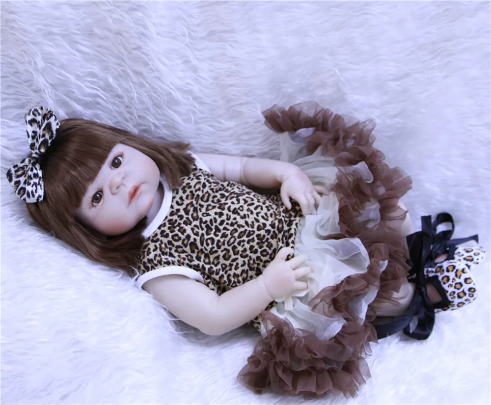 

NPK Full silicone reborn baby girl dolls rooted hair 23"57cm bebe alive reborn bonecas victoria princess Leopard skirt doll toy