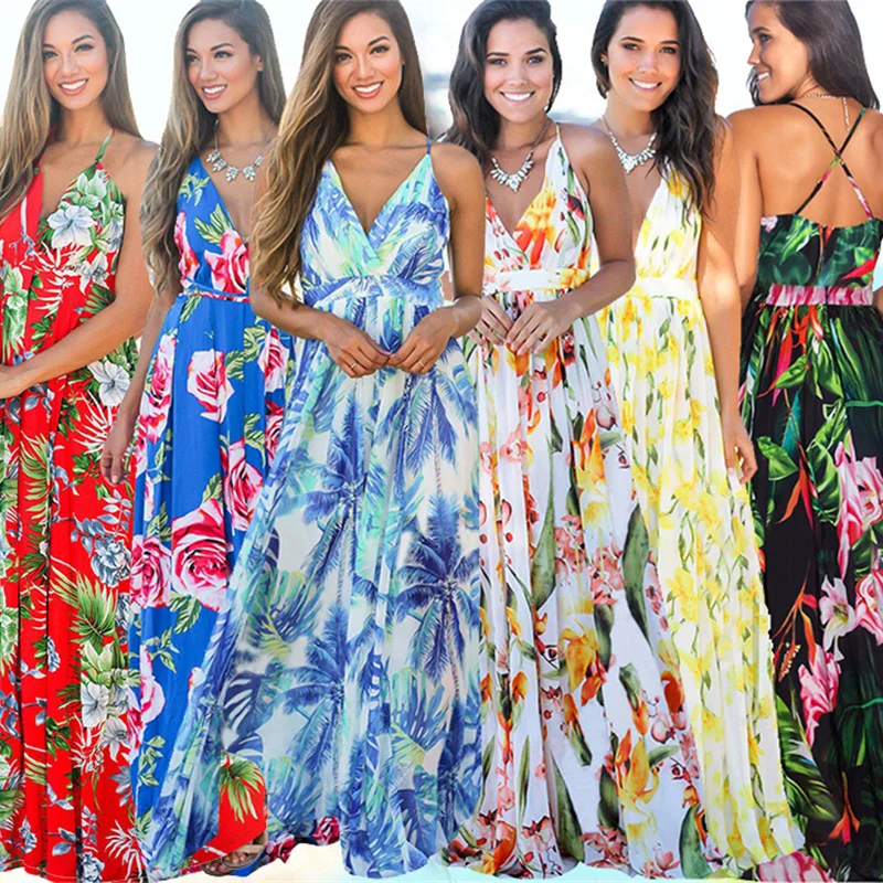 Женщины Лето в стиле бохо Макси длинное платье Вечеринка Пляжные наряды Открытое