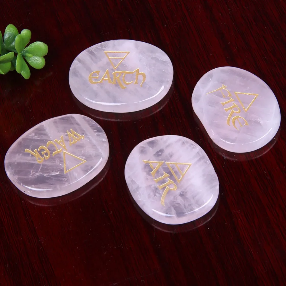 

yaye Pink Rose Quartz Quartz Engraved Element Symbol Chakra Palm Stone Crystal Reiki Healing 4pcs/set with Free Pouch