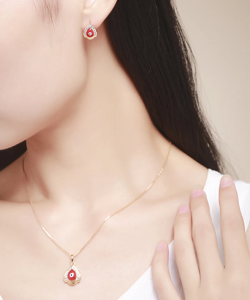 Yellow Gold Color Red Evil Eyes Paved CZ Teardrop Pendant Necklace Hoop Earrings Jewelry Sets for Womens Girls Kids Children|jewelry sets