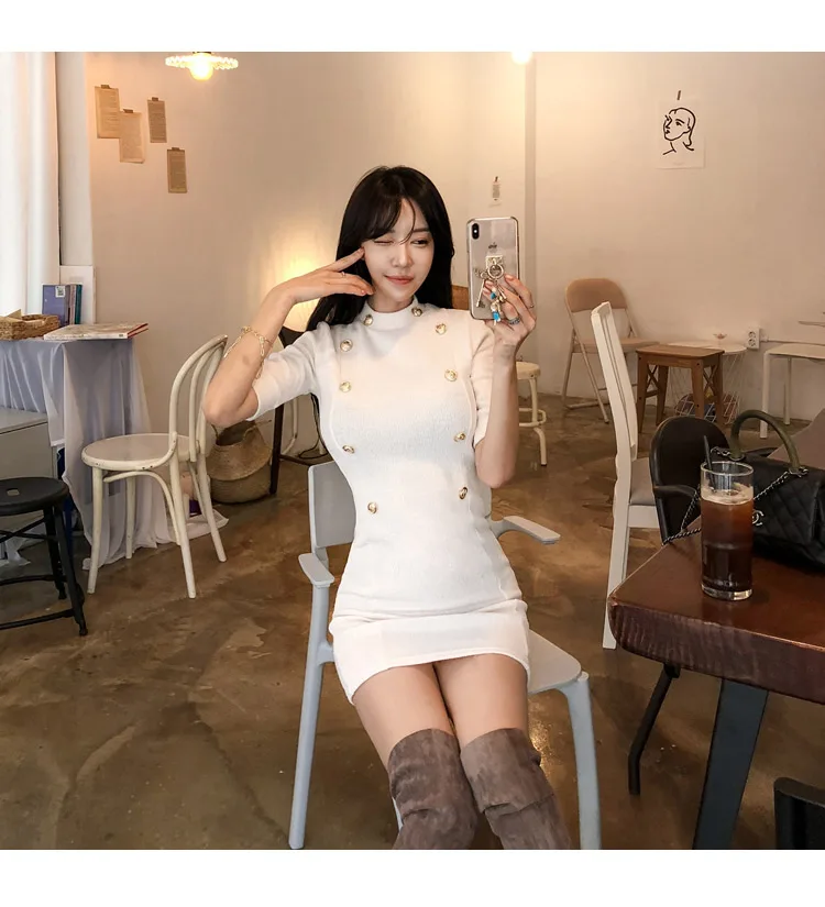 Temperament Lady Dresses Women Spring Design Sexy Bandage Sheath Mini White Knitted Double Button Tunic Sweater Dress 170D