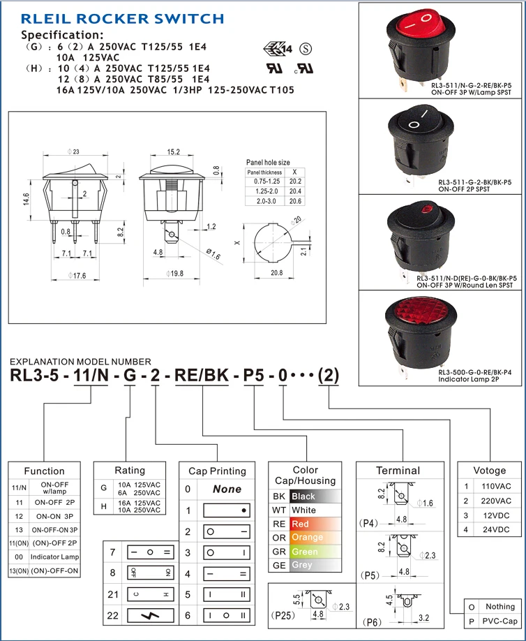 

Original new 100% RL3-511 6 (2) A 250V 10A 125V ship switch round 3pin 2gear red light rocker switch