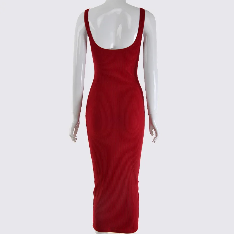 Sexy Backless Bodycon Dress Club Women Ribbed Knit Metal White Long Sleeveless Summer Party | Женская одежда