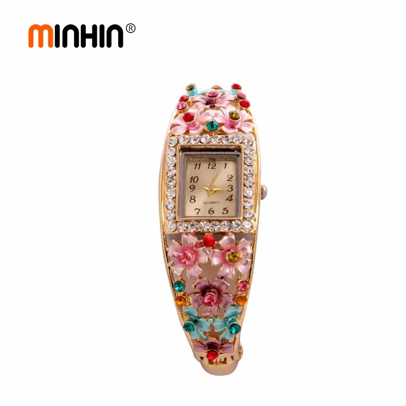 Часы MINHIN Brilliant, 5 цветов, браслет для женщин, золотой цвет, Хрустальный цветок, дизайн, Браслет-манжета, кварцевые часы, повседневные наручные часы