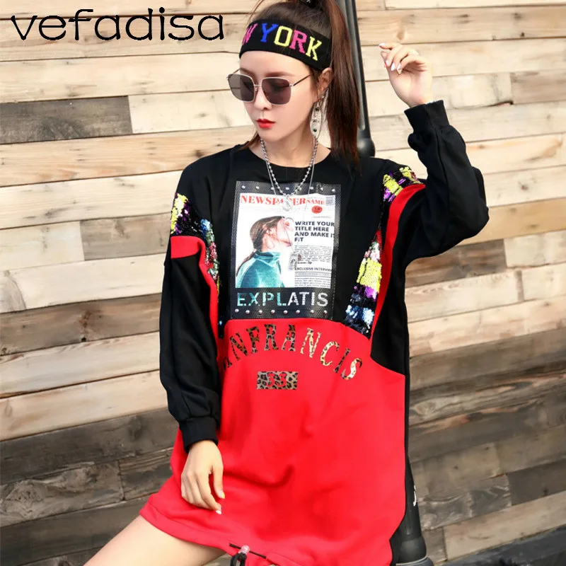 Vefadisa Для женщин Цвет соответствующие Sweatershirt блестками и длинными письмо шаблон