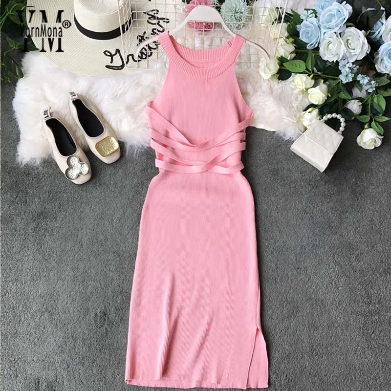 Розовый YornMona Korean Style Women Bandage Bodycon Dress Summer Split Knitted Party Dresses Elegant Halter Ladies Long Maxi Dres - Цвет: Розовый