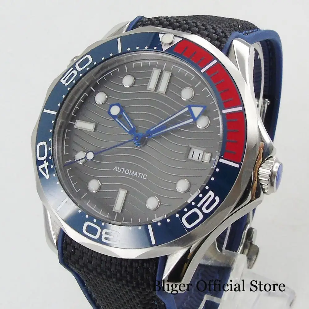 

BLIGER Military Style 41mm Sapphire Glass With Ceremic Bezel Rubber Strap Blue Watch Pointer Black Band