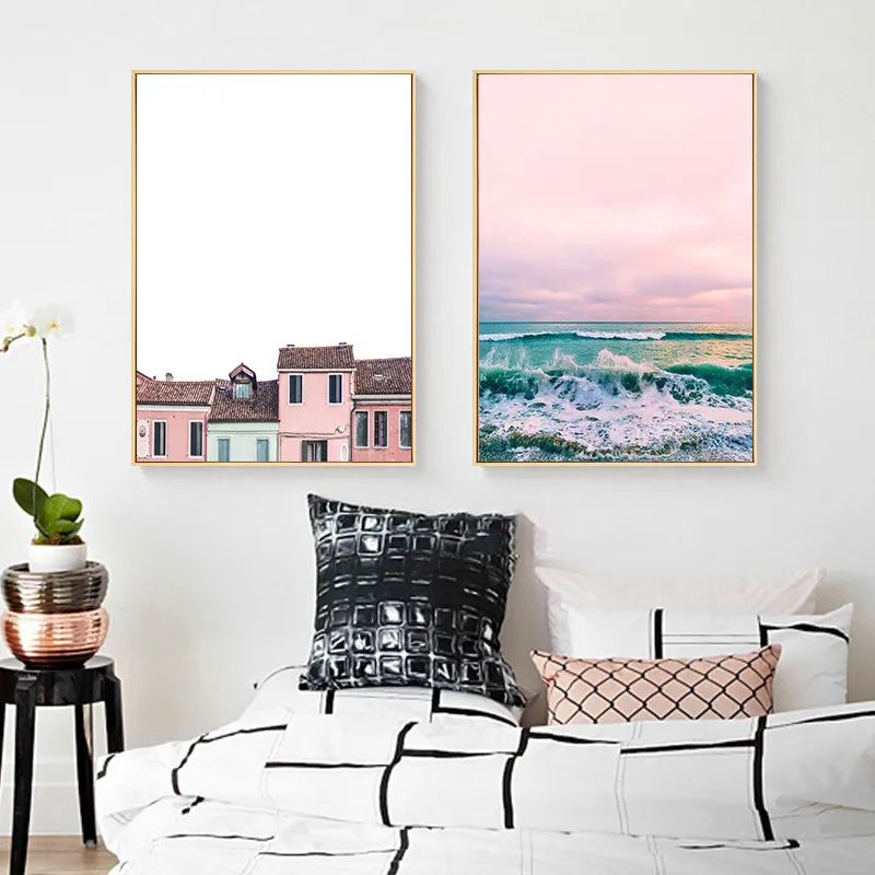 Nordic Canvas Painting Pink Sea View Wall Art Poster Picture Home Decor Children Bedroom Living Room | Дом и сад